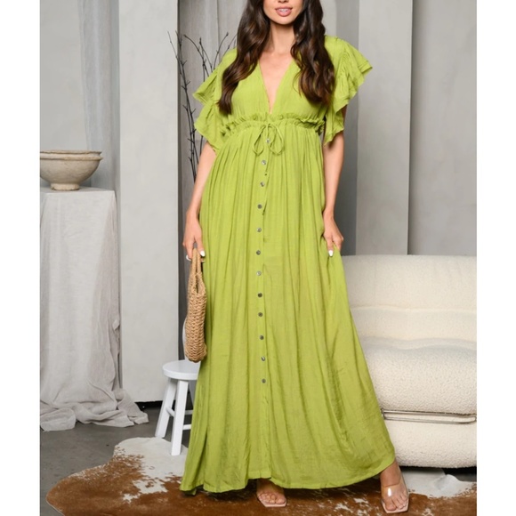 Lime V-Neck Ruffle Sleeves Maxi Dress Sizes Small Medium Large - Picture 3 of 8